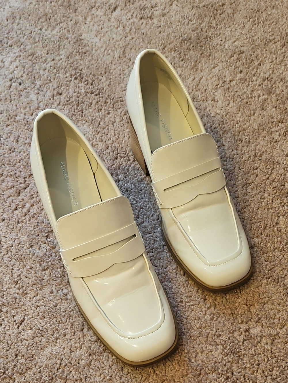 Marc Fisher Ivory Patent Leather Penny Loafers